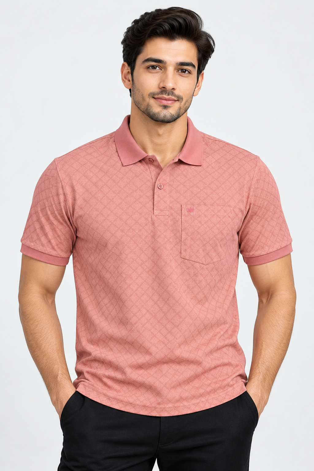 Men’s Dusty Pink Textured Polo Collar Pocket T-Shirt
