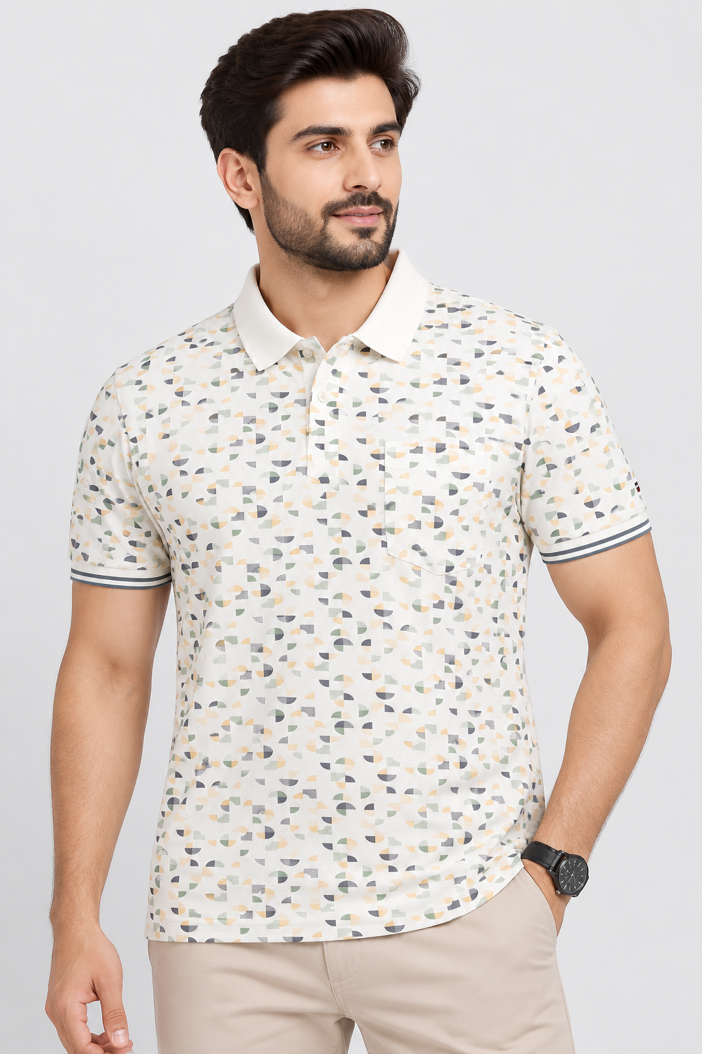 Men’s Off-White Geometric Printed Polo Collar T-Shirt