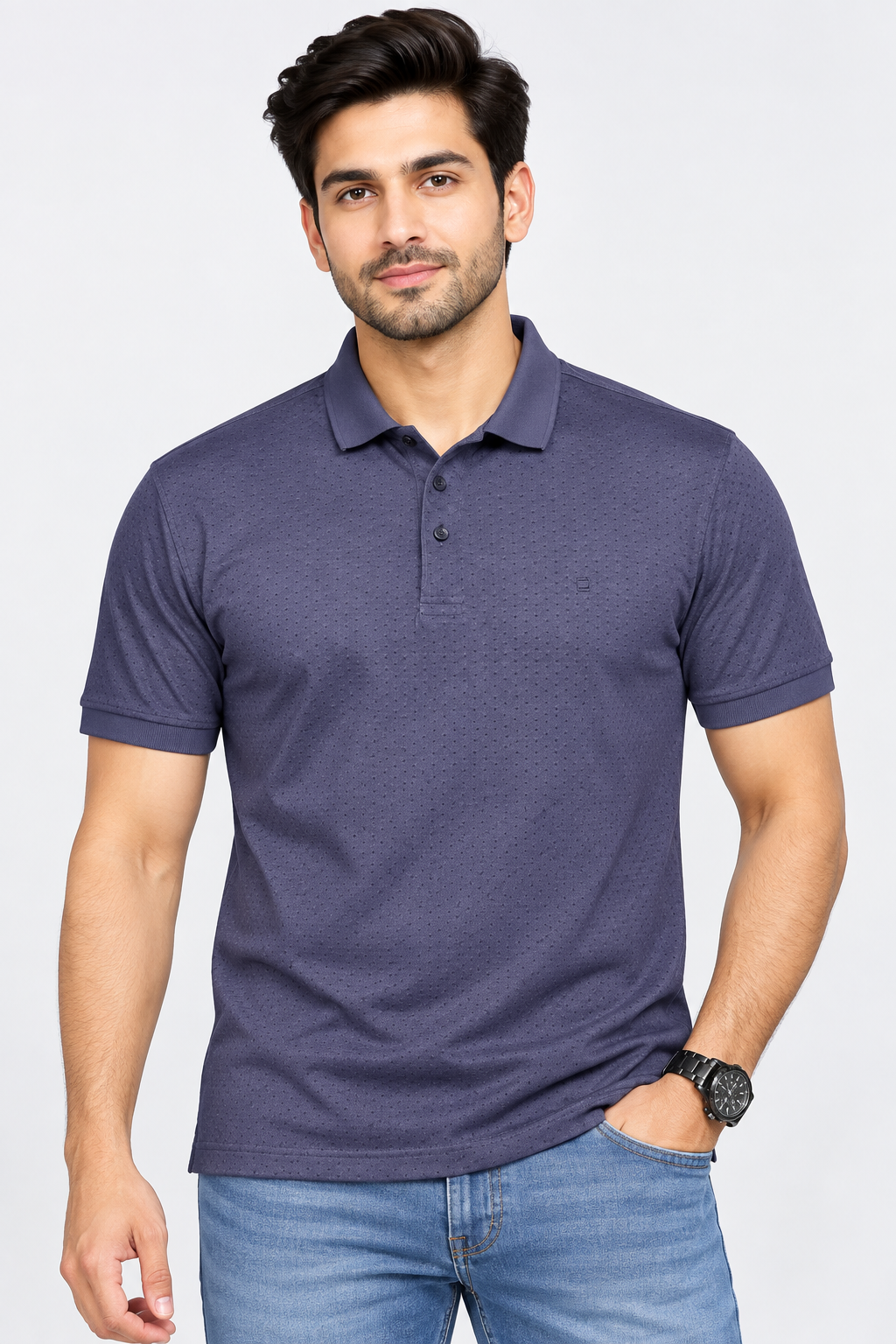 Men’s Navy Blue Textured Polo Collar T-Shirt