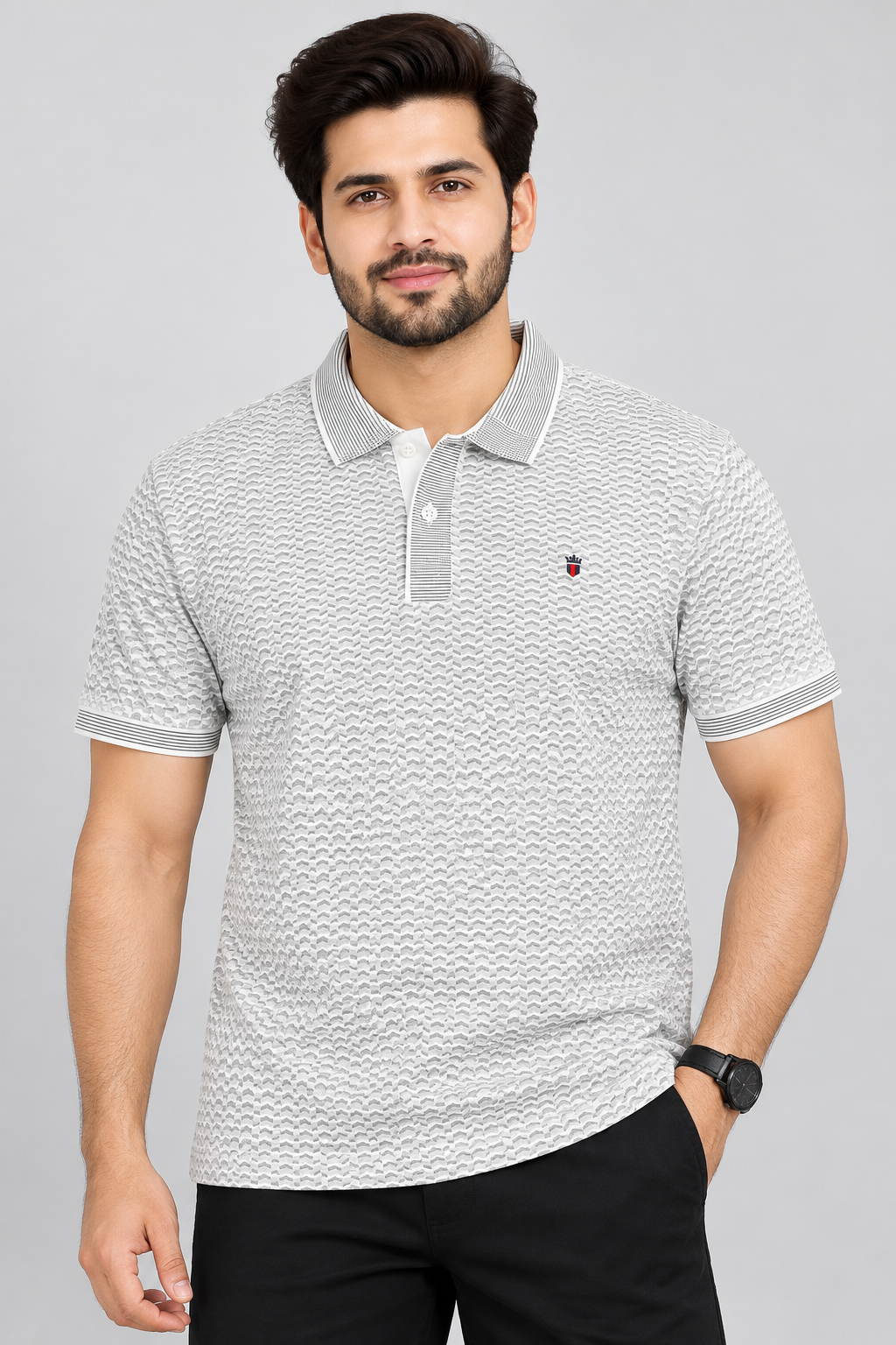 Men’s White & Grey Chevron Print Polo Collar T-Shirt