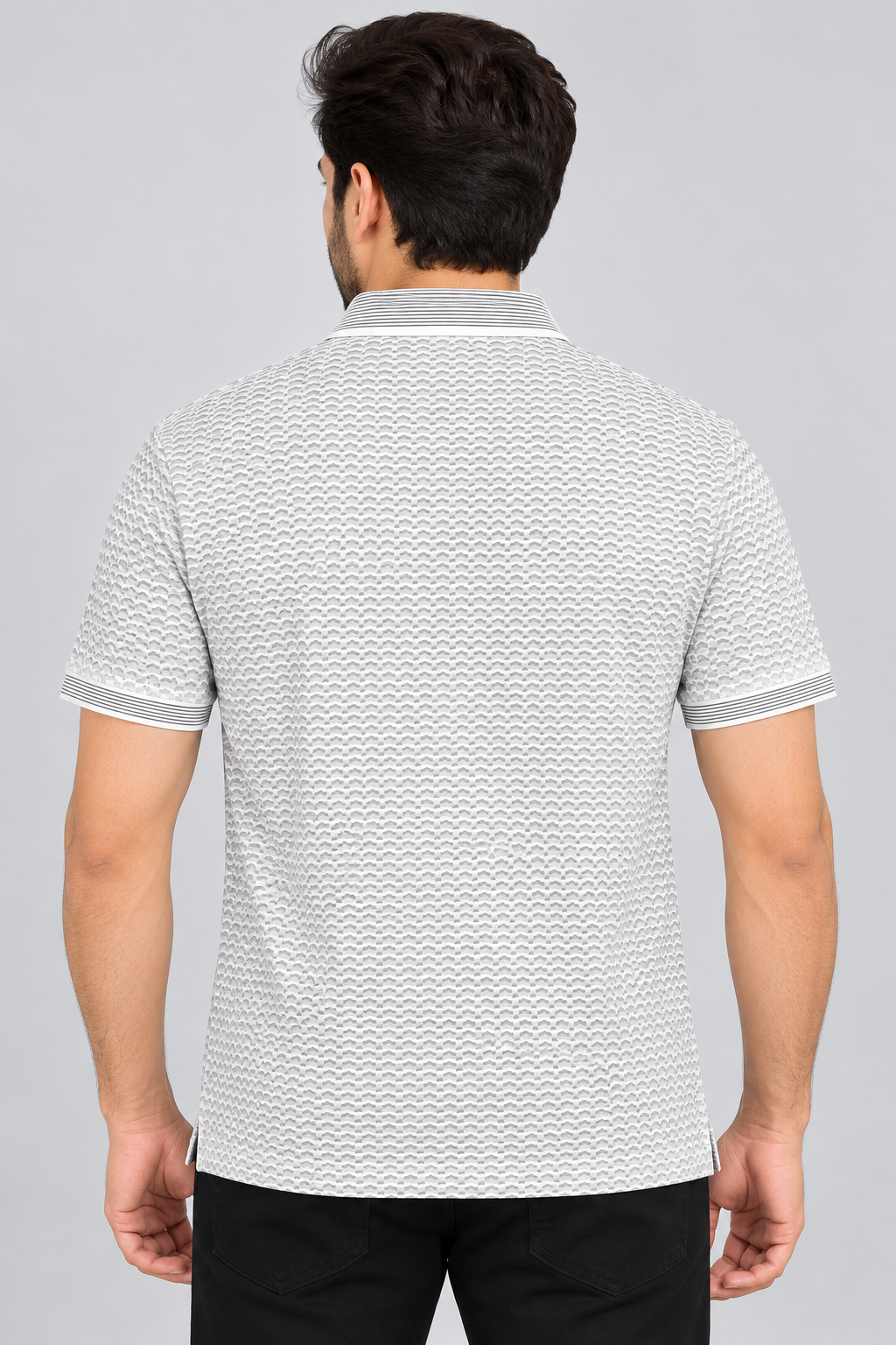Men’s White & Grey Chevron Print Polo Collar T-Shirt
