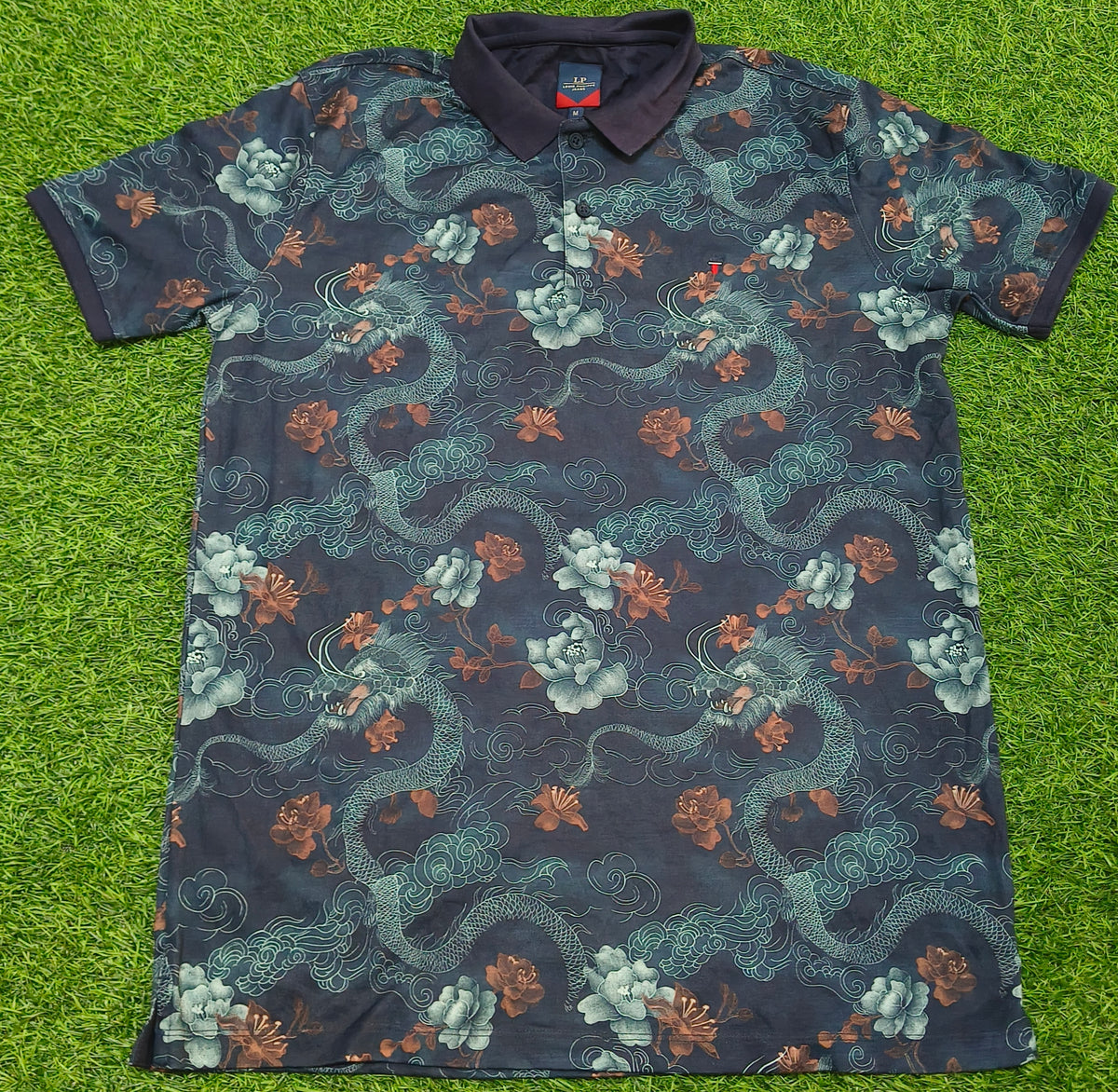 Men’s Navy Blue Dragon & Floral Print Polo Collar T-Shirt