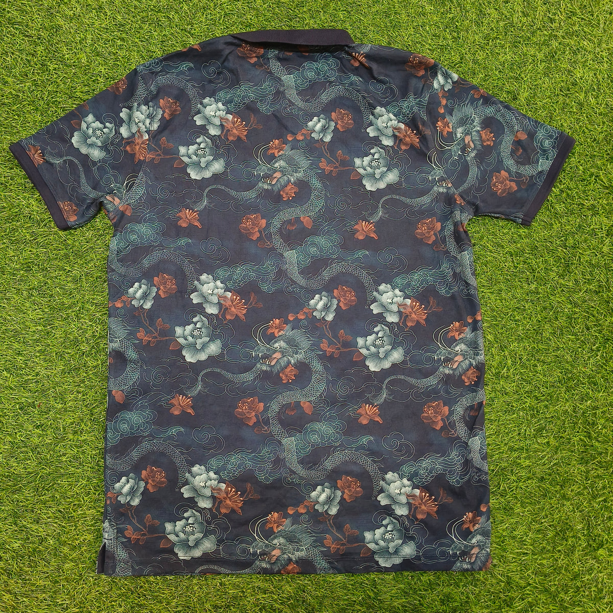 Men’s Navy Blue Dragon & Floral Print Polo Collar T-Shirt