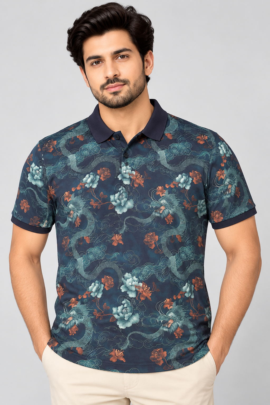 Men’s Navy Blue Dragon & Floral Print Polo Collar T-Shirt