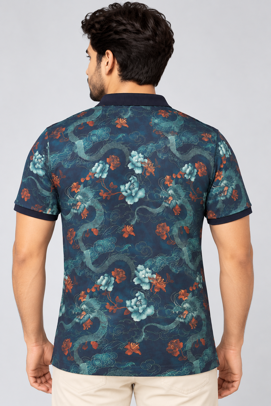 Men’s Navy Blue Dragon & Floral Print Polo Collar T-Shirt