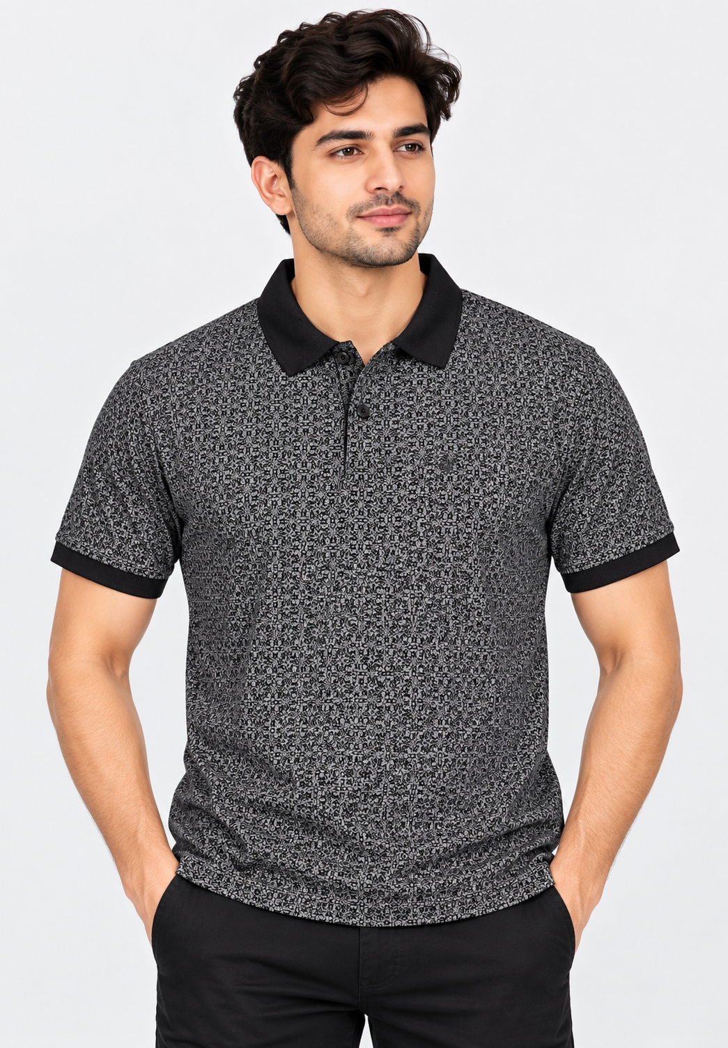 Men’s Black & Grey Printed Polo Collar T-Shirt