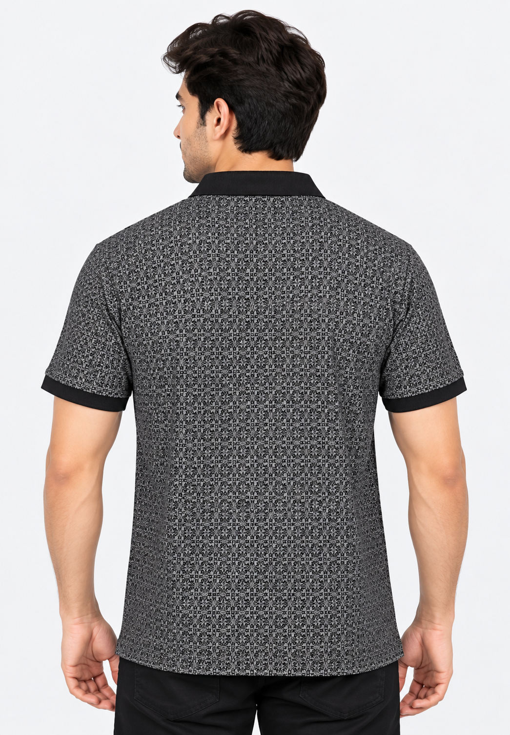 Men’s Black & Grey Printed Polo Collar T-Shirt