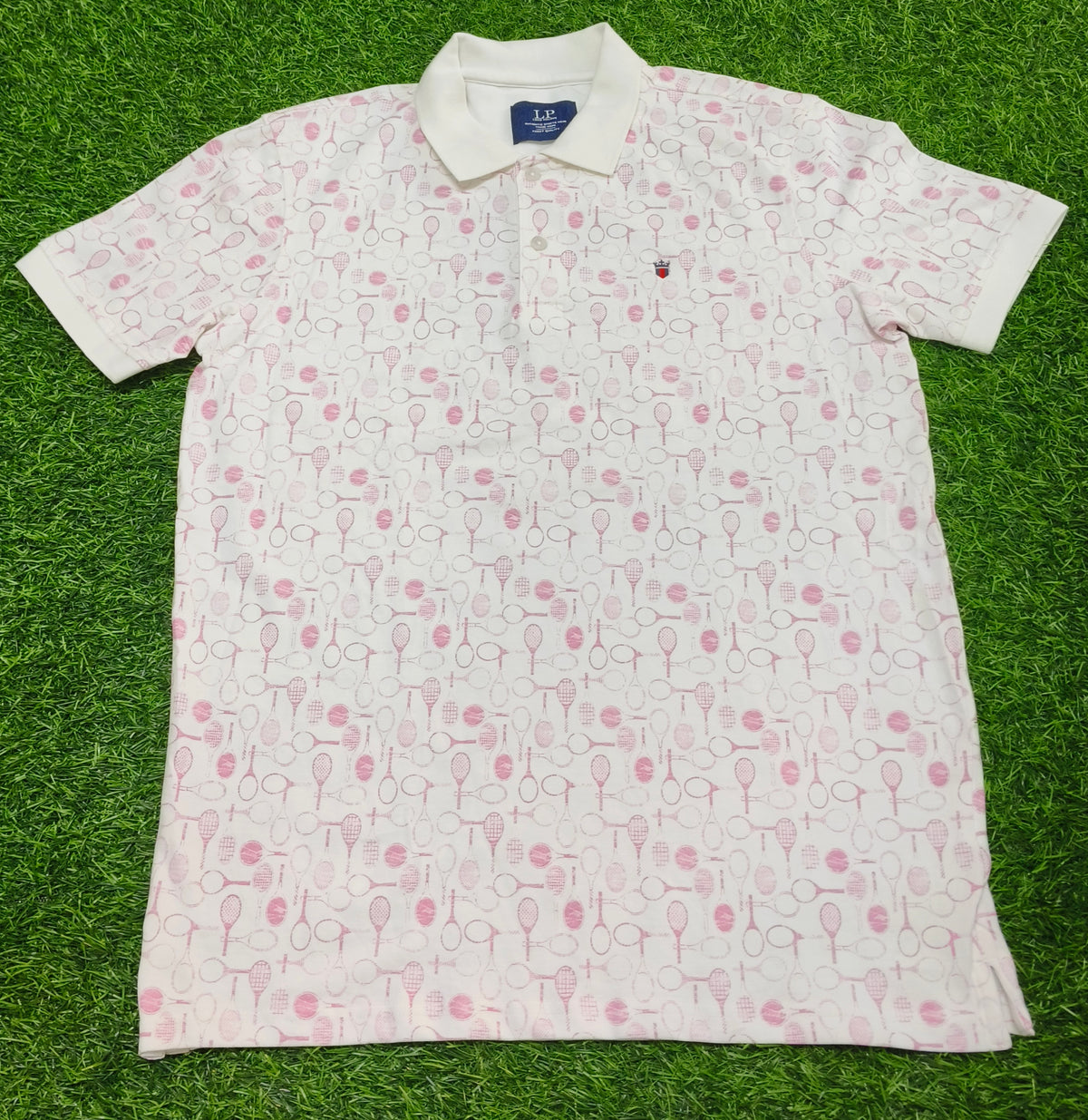 Men’s White & Pink Tennis Print Polo Collar T-Shirt