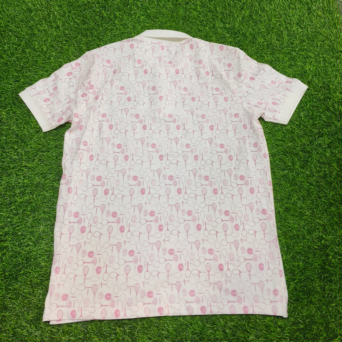 Men’s White & Pink Tennis Print Polo Collar T-Shirt