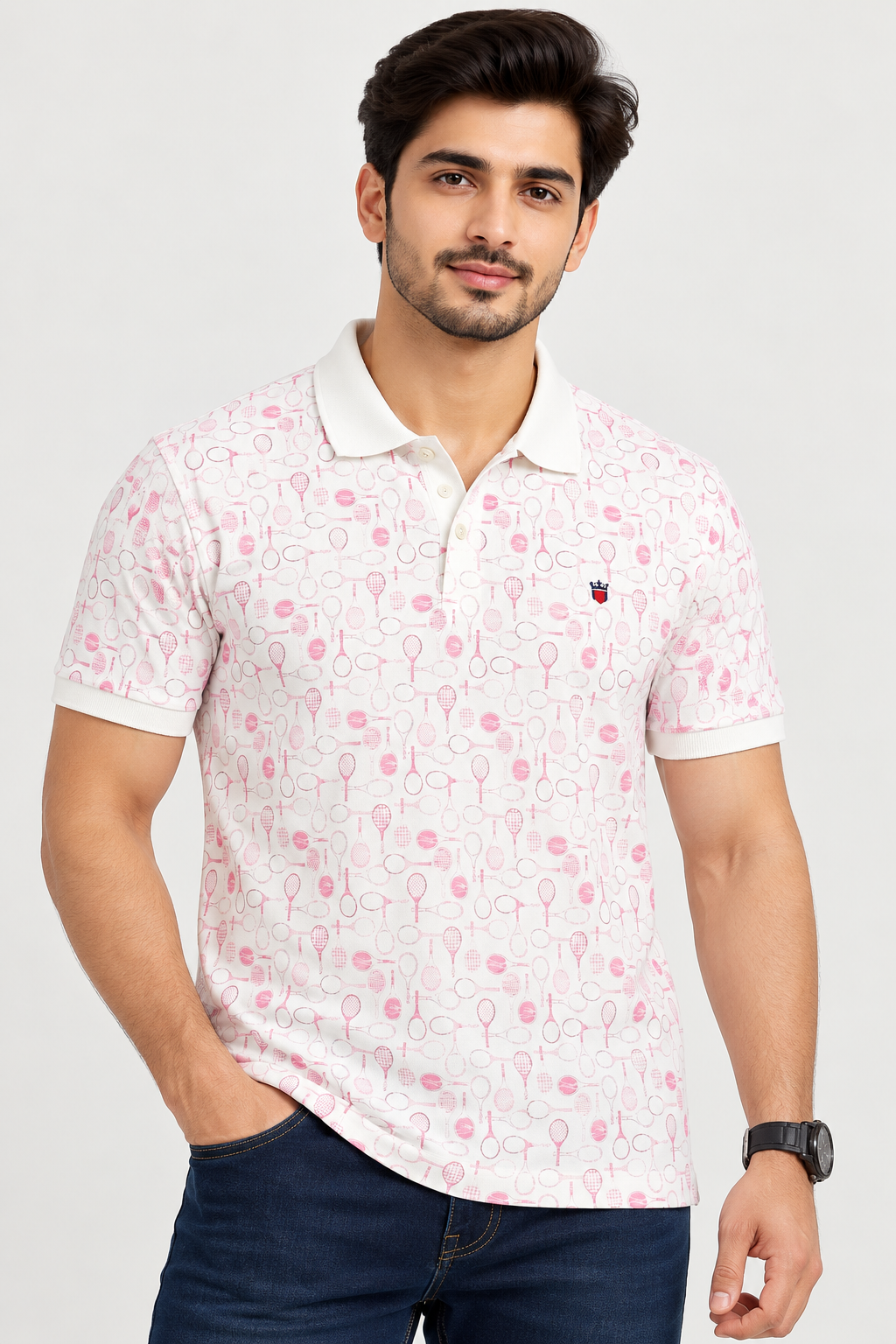 Men’s White & Pink Tennis Print Polo Collar T-Shirt