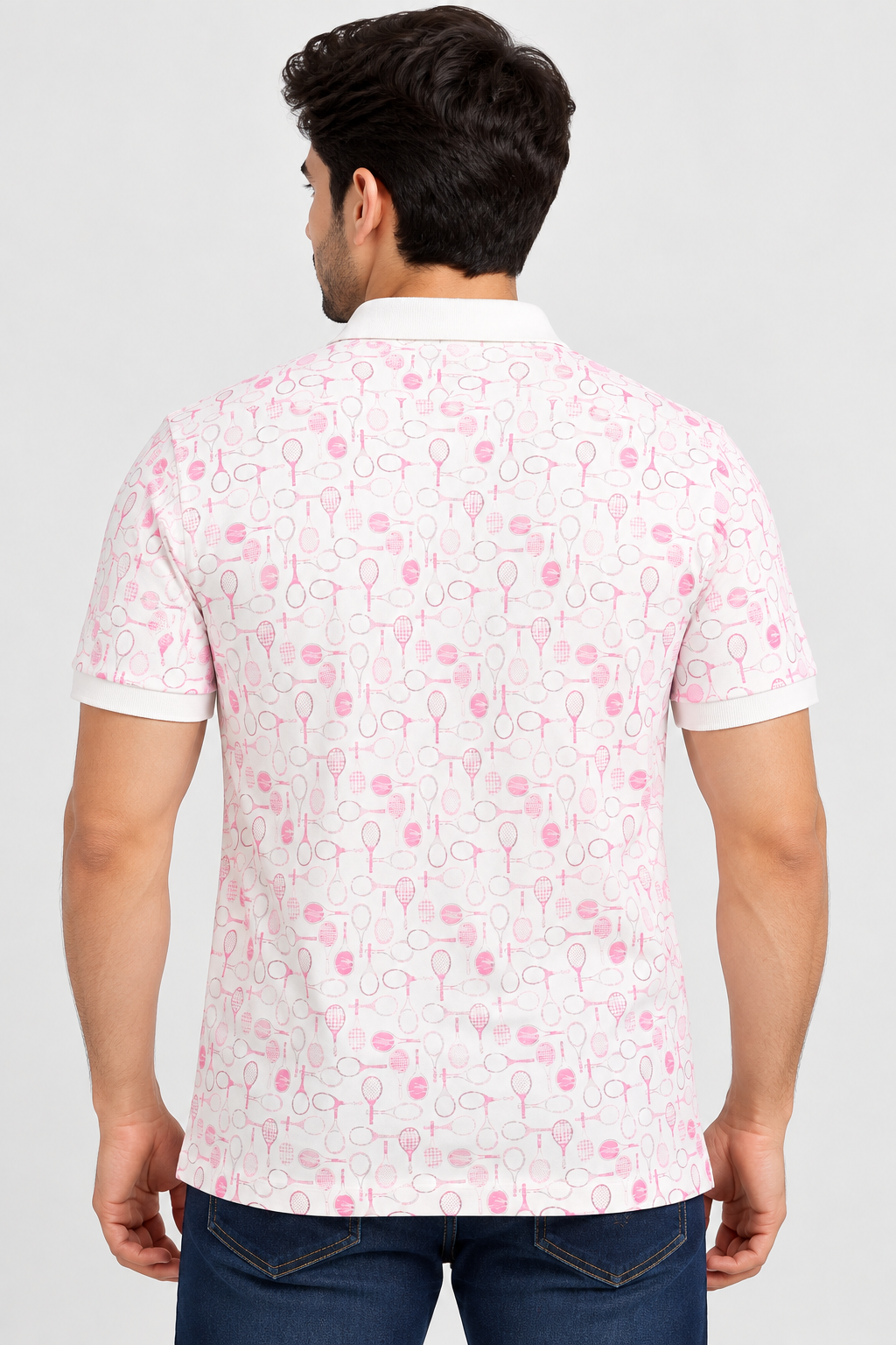 Men’s White & Pink Tennis Print Polo Collar T-Shirt