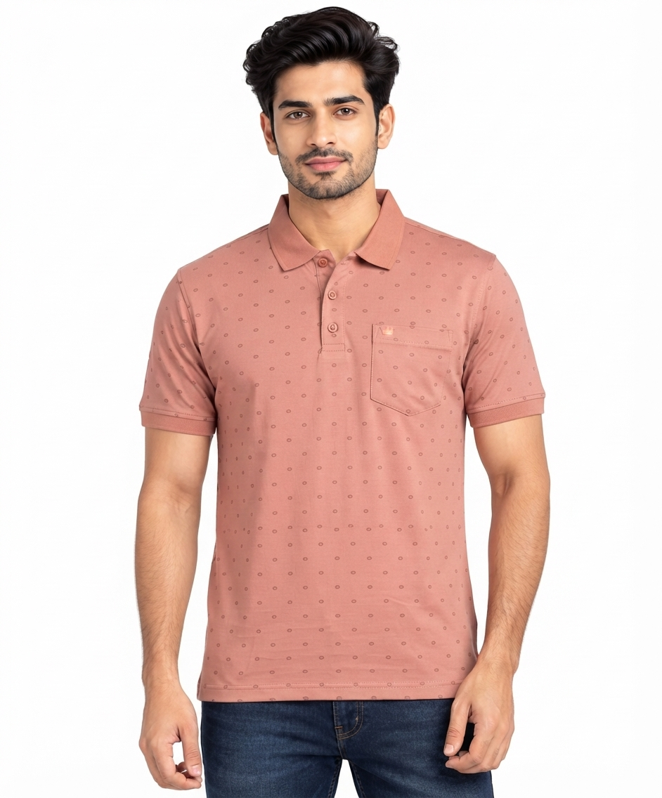 Men’s Peach Printed Polo Collar T-Shirt