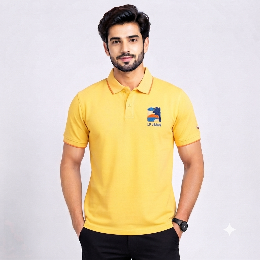 Men’s Yellow Polo Collar T-Shirt with Embroidered Chest Design
