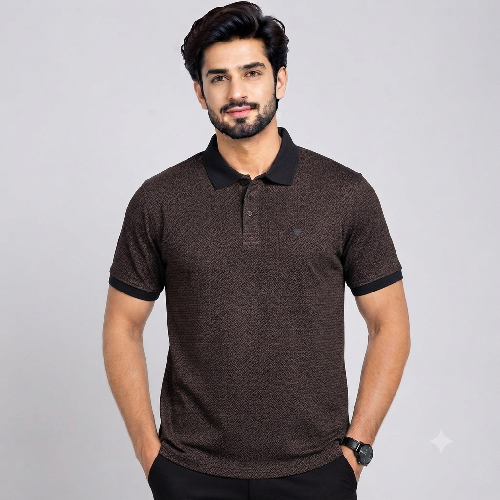 Men’s Dark Brown Micro Print Polo T-Shirt