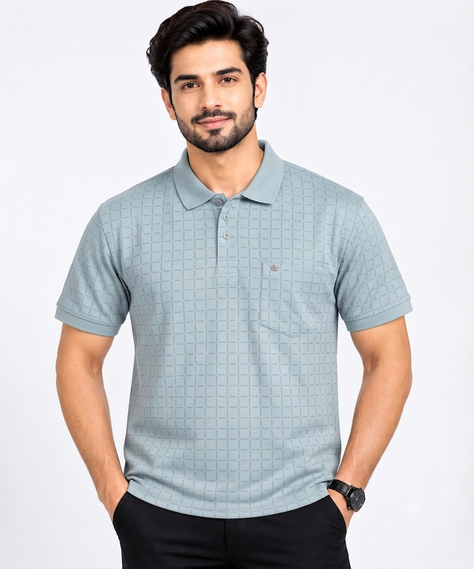 Men’s Light Mint Green Check Pattern Polo T-Shirt