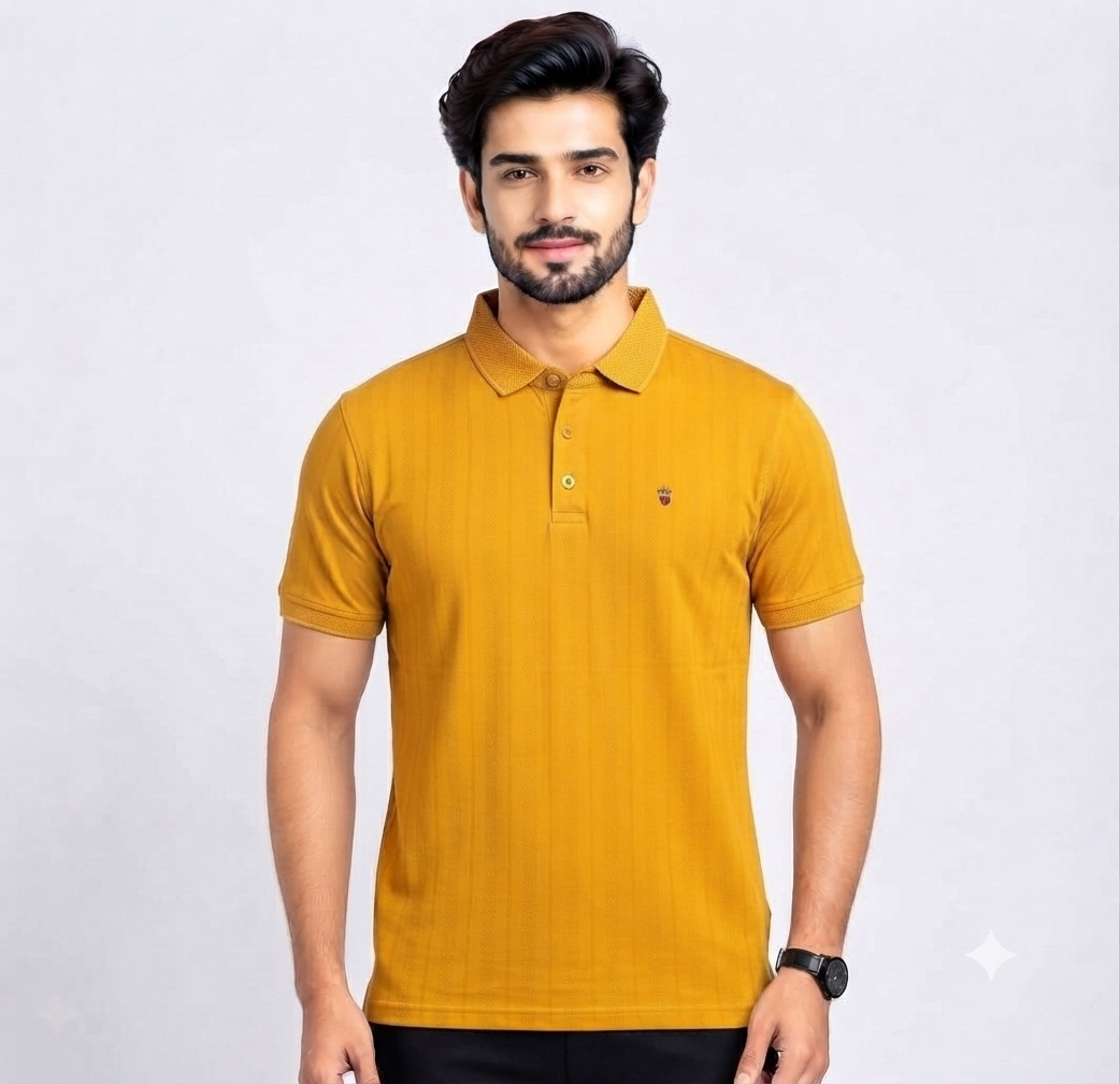 Men’s Mustard Yellow Textured Stripe Polo T-Shirt