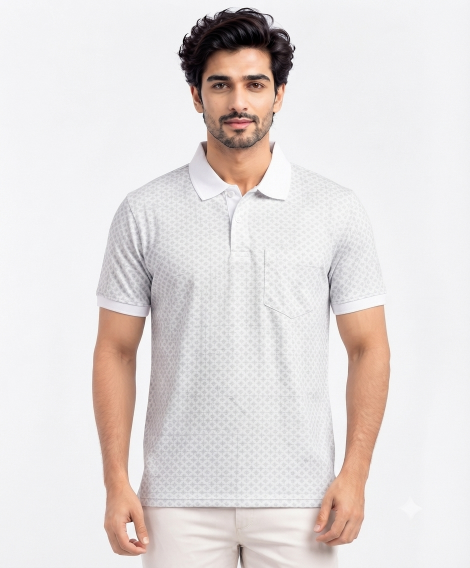 Men’s White & Light Grey Micro Print Polo T-Shirt