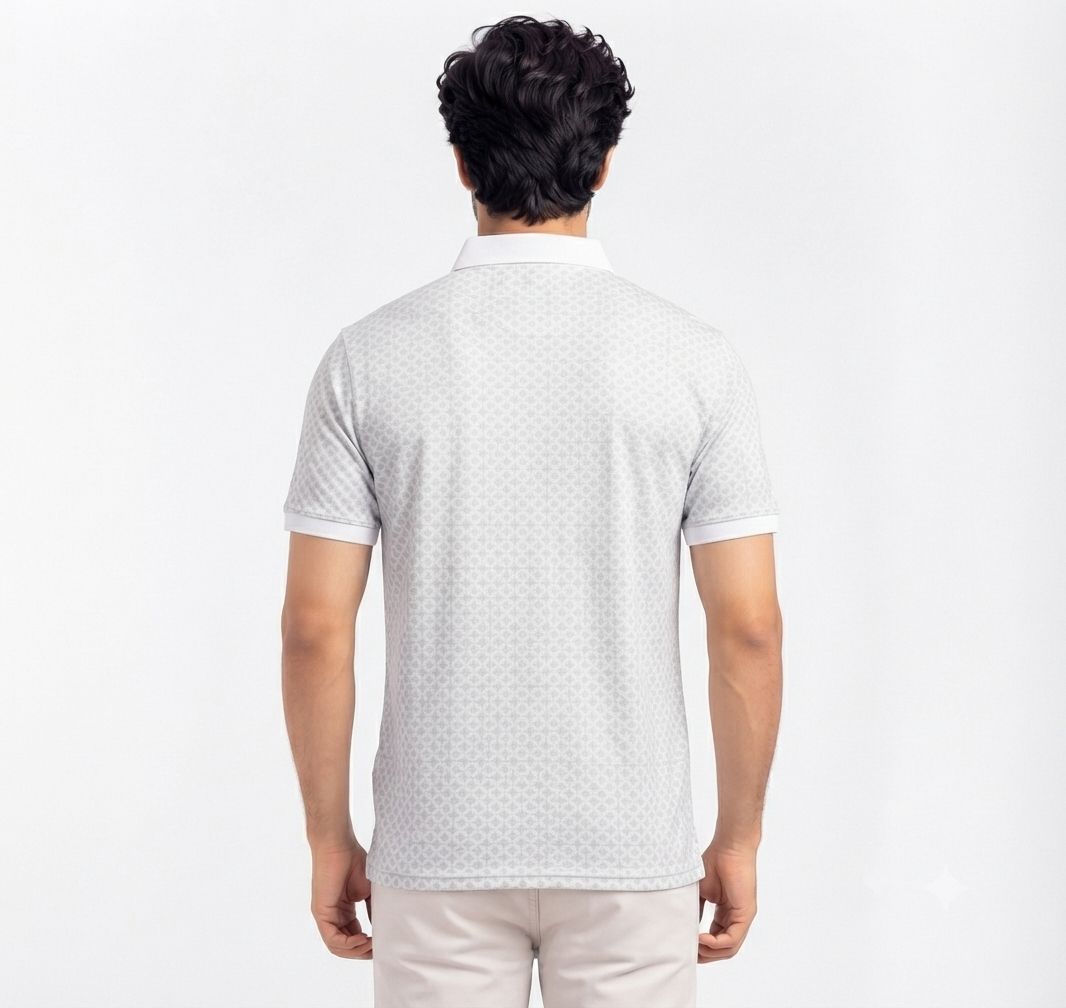 Men’s White & Light Grey Micro Print Polo T-Shirt