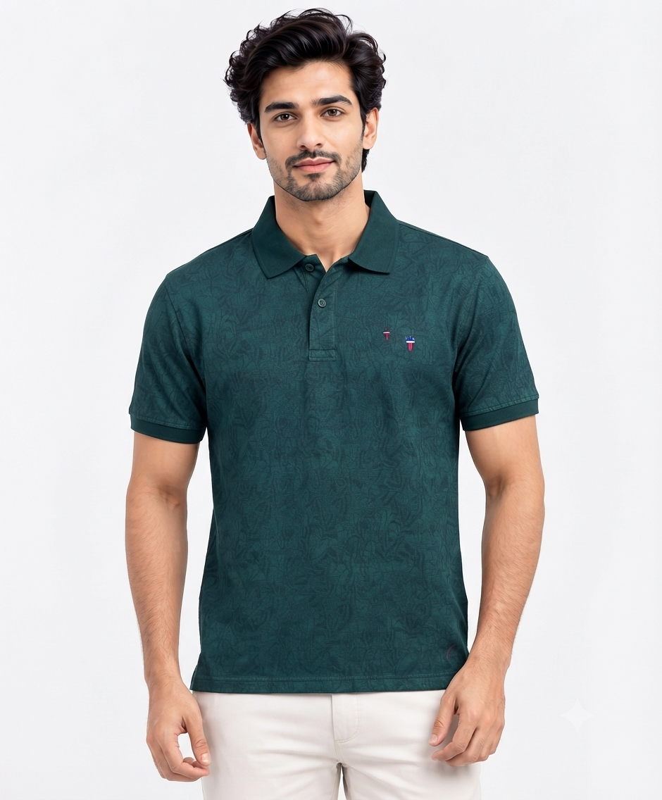 Men’s Dark Olive Green Jacquard Pattern Polo T-Shirt