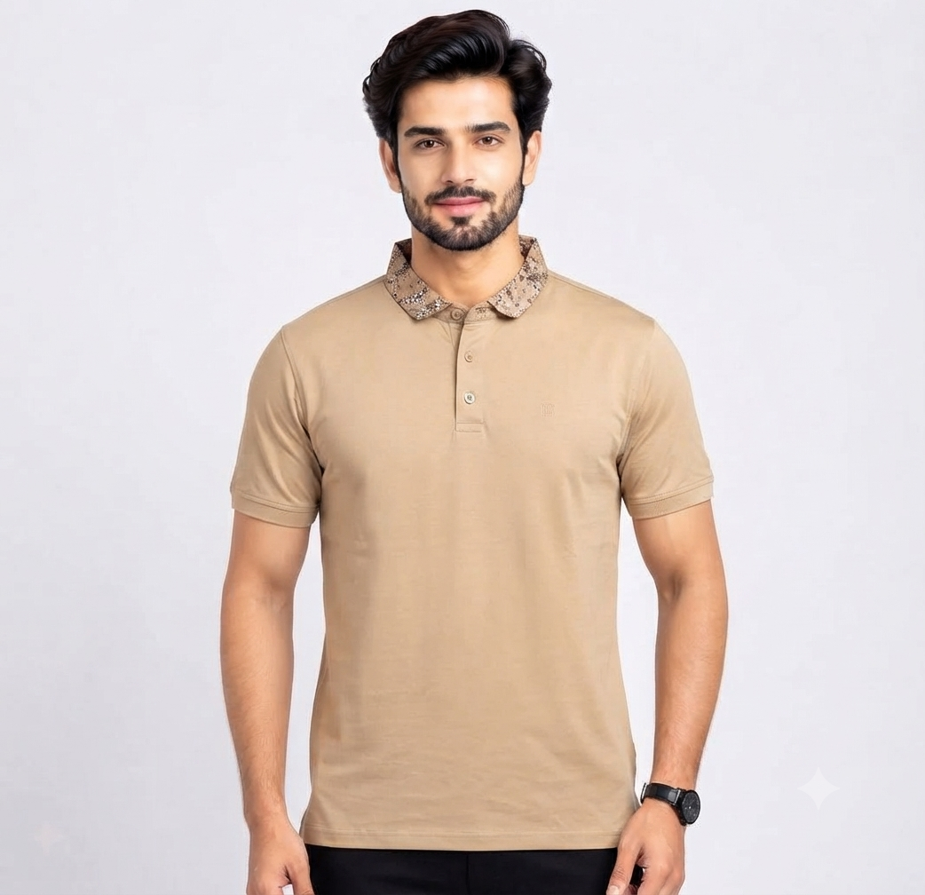 Men’s Beige Mandarin Collar Polo T-Shirt