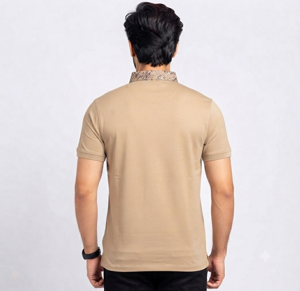 Men’s Beige Mandarin Collar Polo T-Shirt