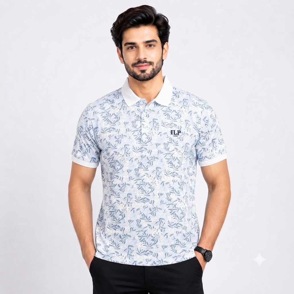 Men’s Light Blue Floral Print Contrast Collar Polo T-Shirt