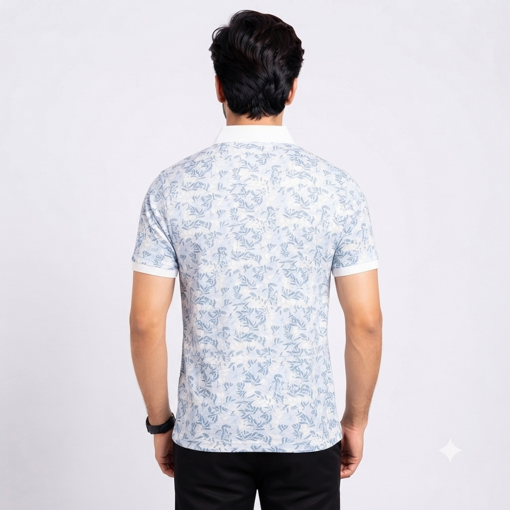 Men’s Light Blue Floral Print Contrast Collar Polo T-Shirt