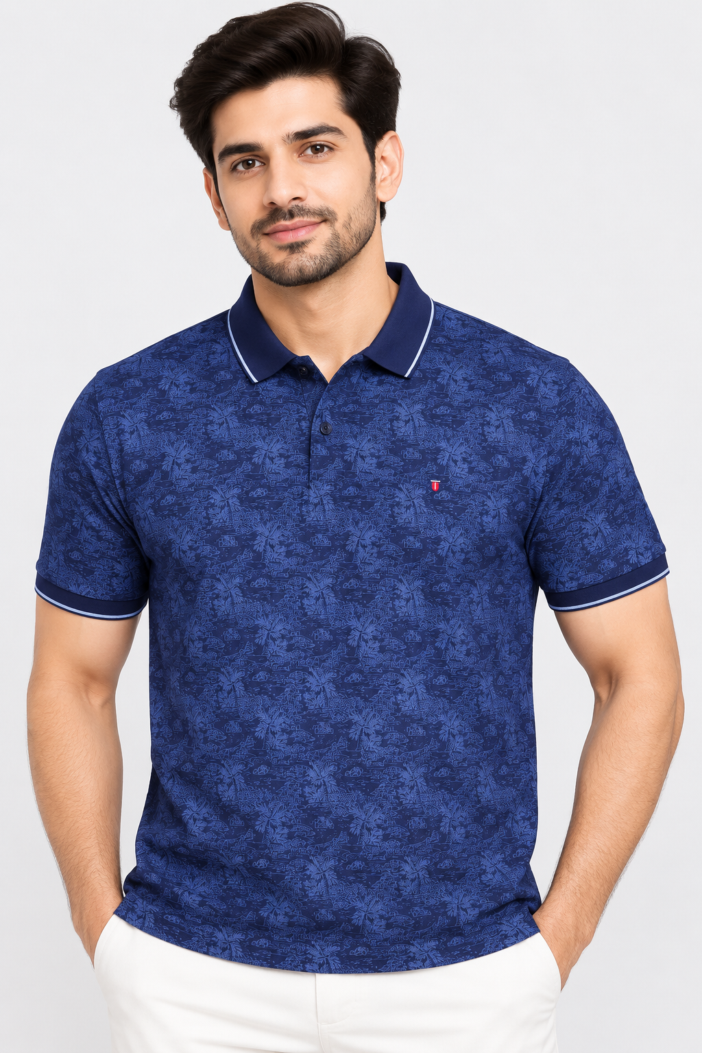 Men’s Navy Blue Printed Contrast Collar Polo T-Shirt