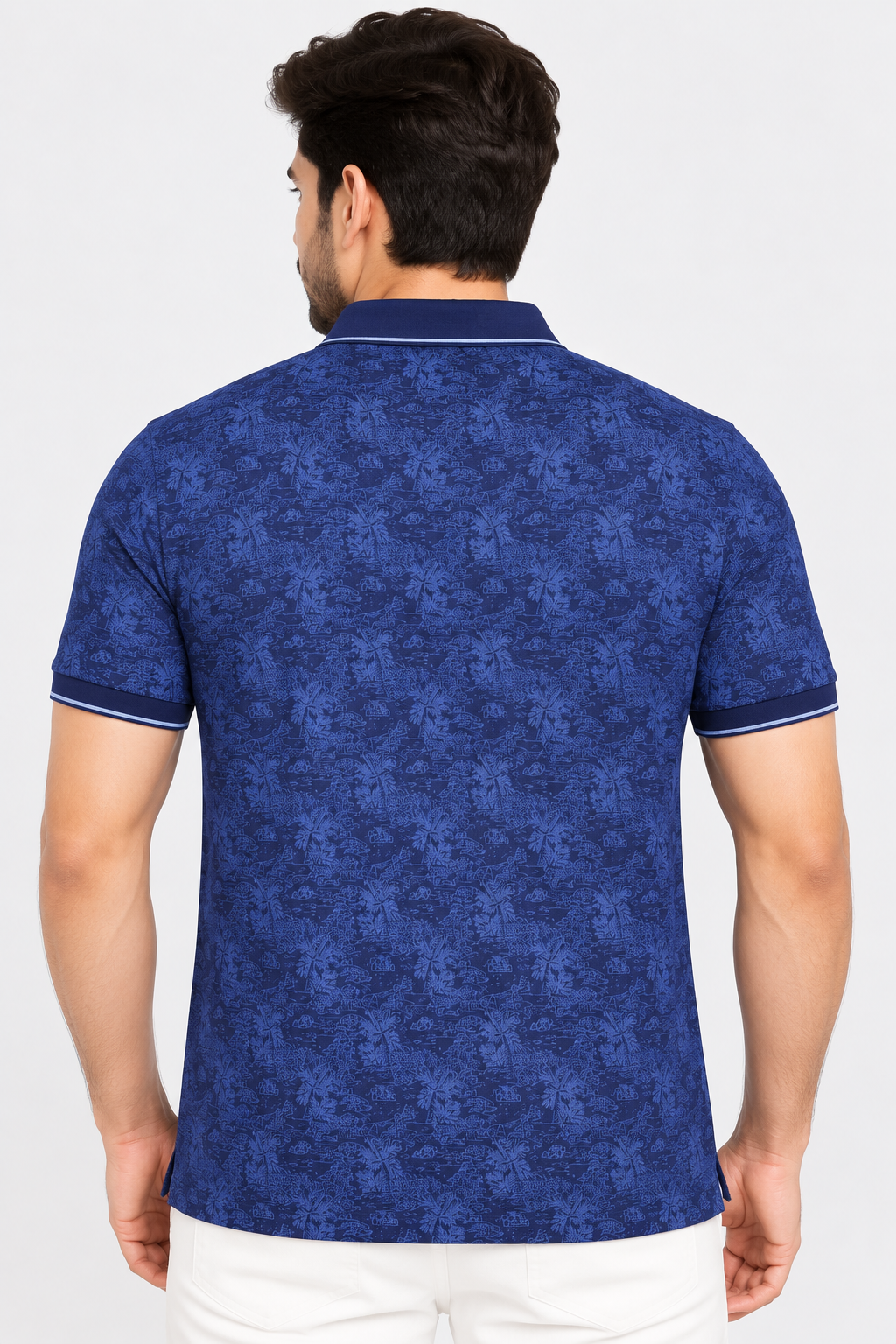 Men’s Navy Blue Printed Contrast Collar Polo T-Shirt