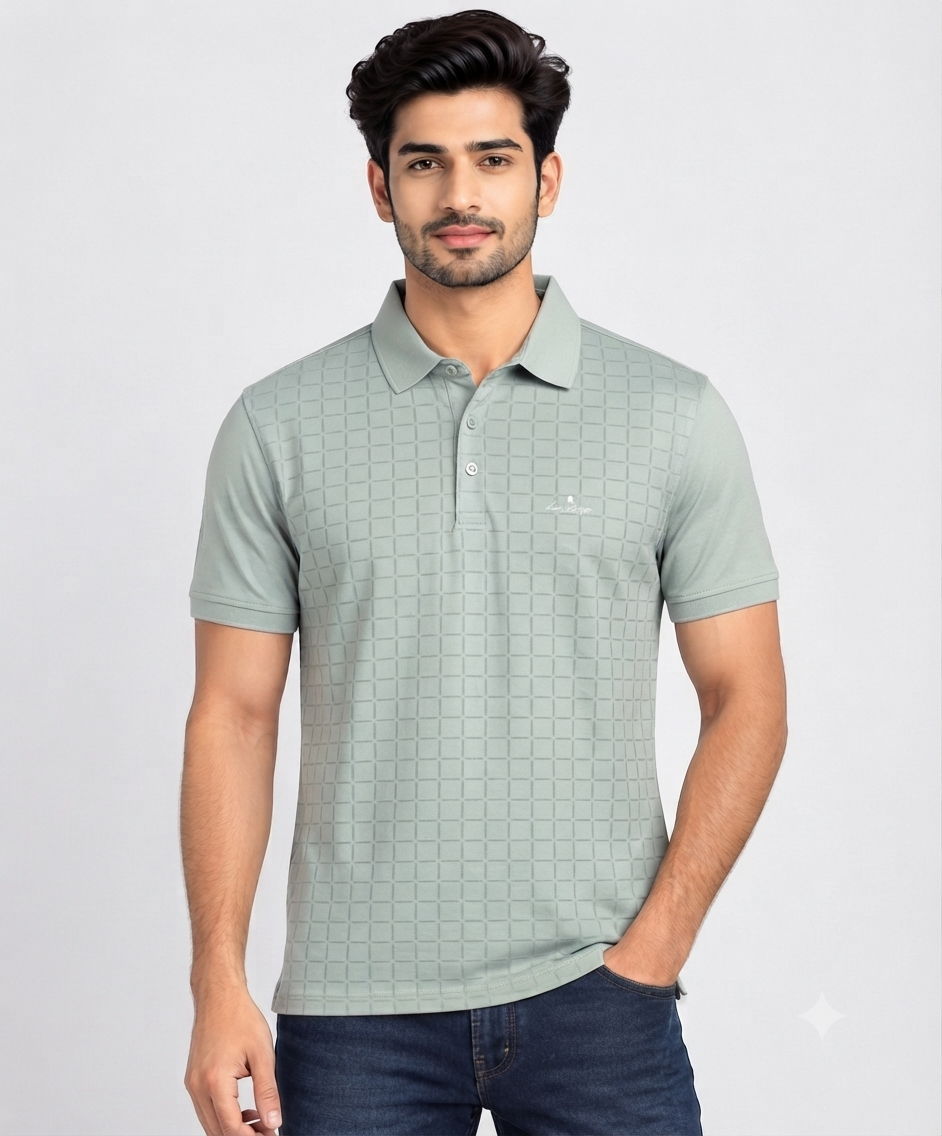 Men’s Mint Green Check Pattern Collar Polo T-Shirt