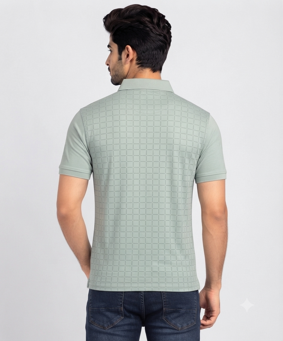 Men’s Mint Green Check Pattern Collar Polo T-Shirt