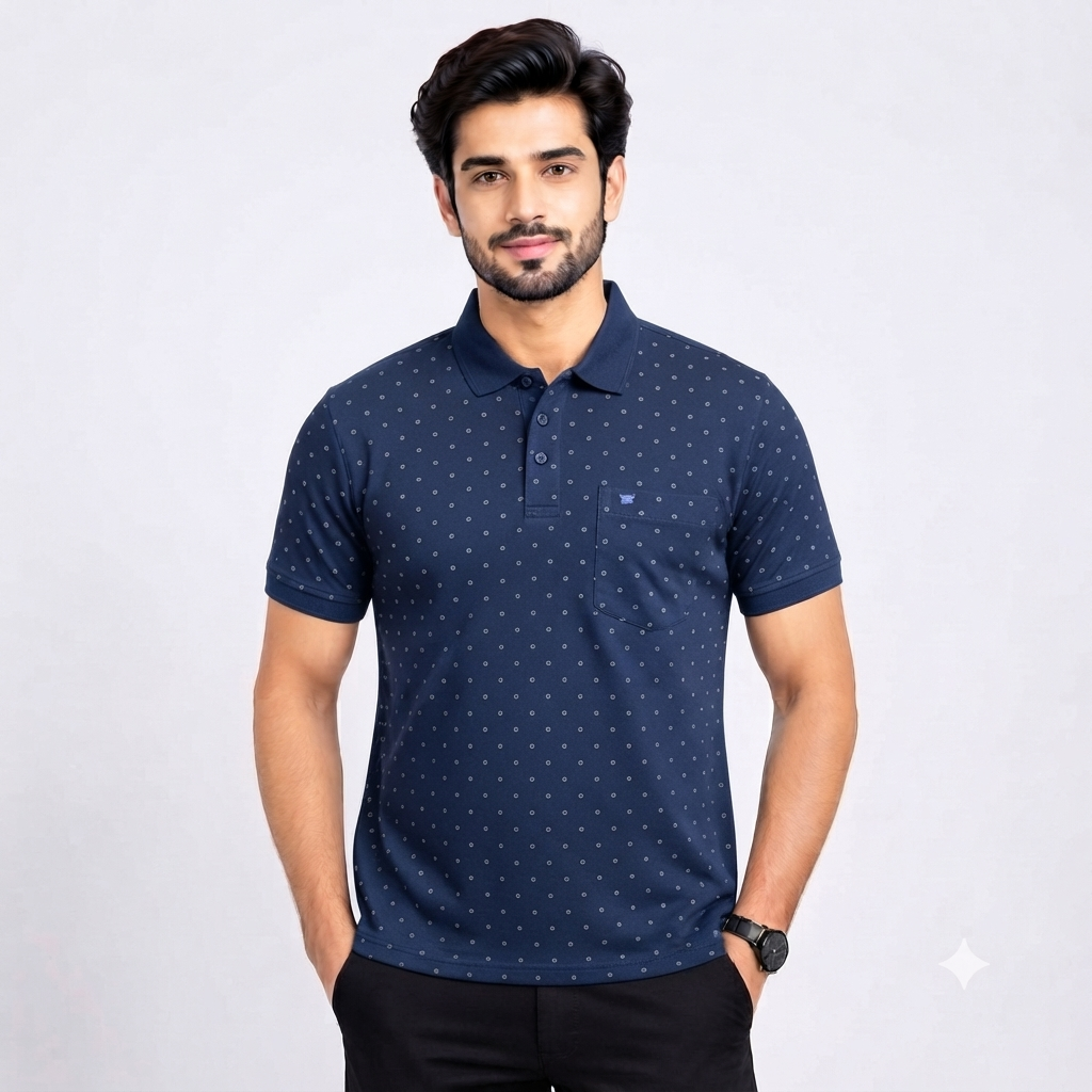 Men’s Navy Blue Dotted Print Collar Polo T-Shirt