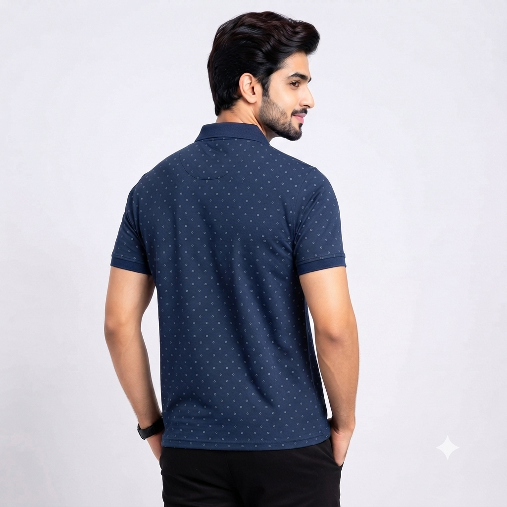 Men’s Navy Blue Dotted Print Collar Polo T-Shirt