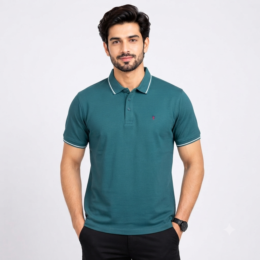 Men’s Teal Blue Contrast Collar Polo T-Shirt