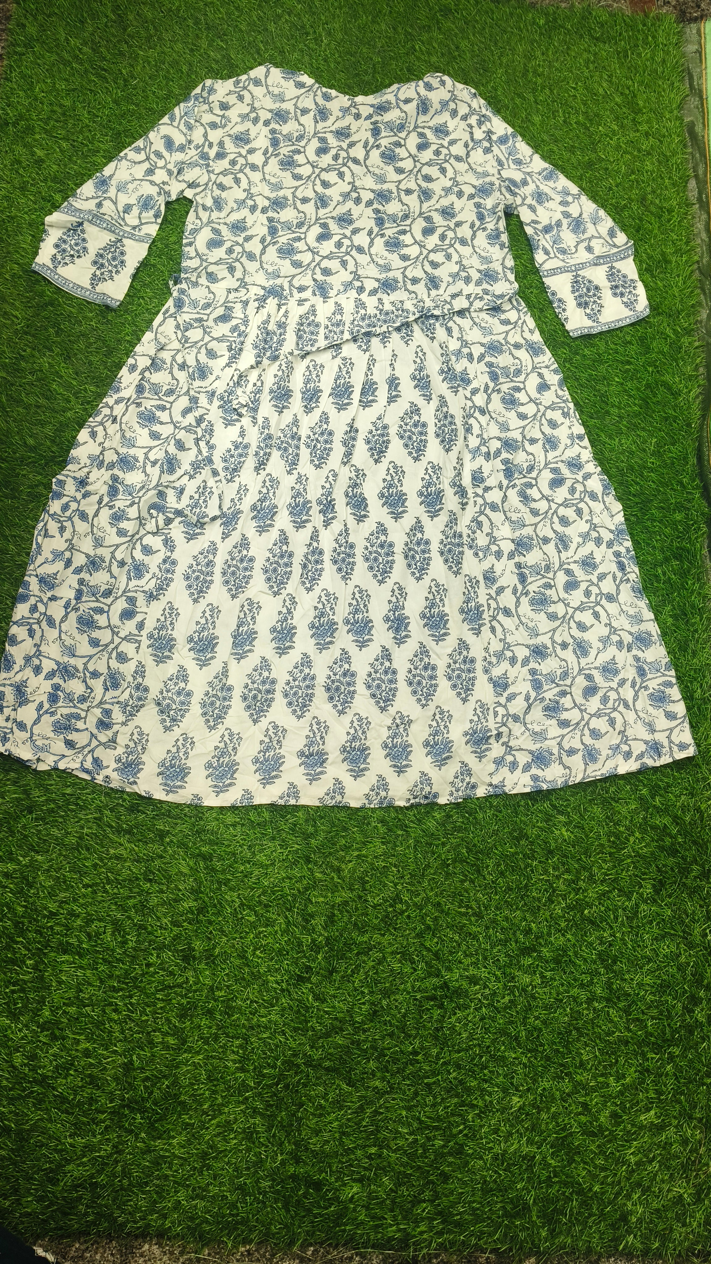 Elegant White and Green Block-Print Style Flared cotton Single Piece Top