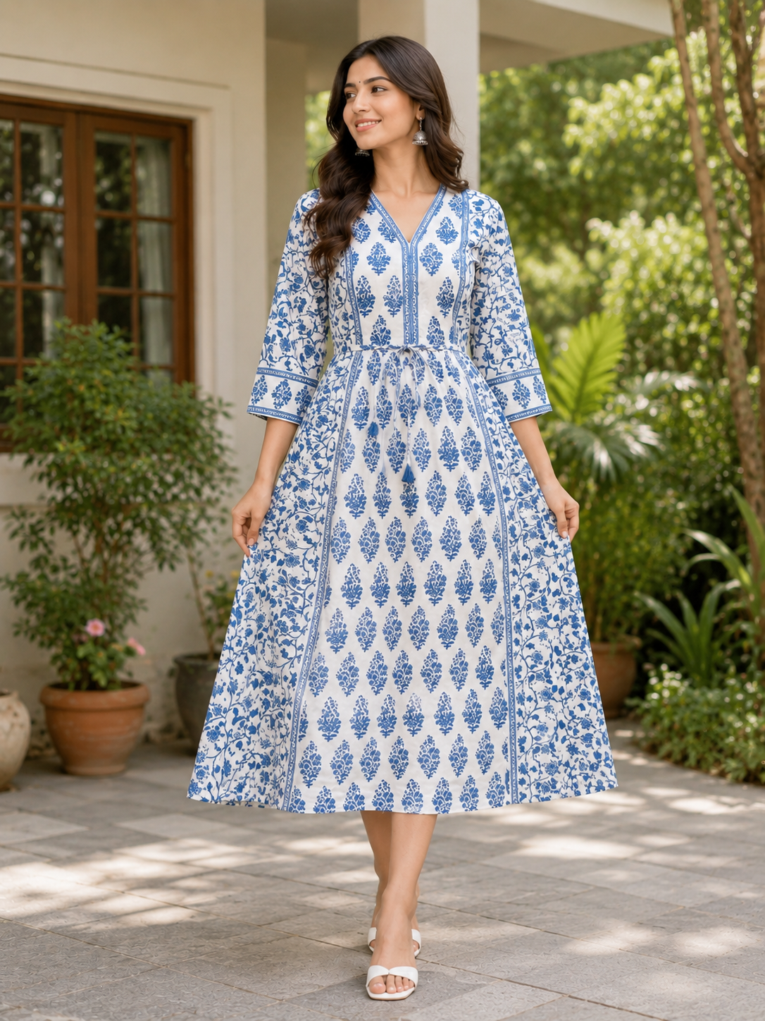 Elegant White and Blue Block-Print Style Flared cotton Single Piece Top