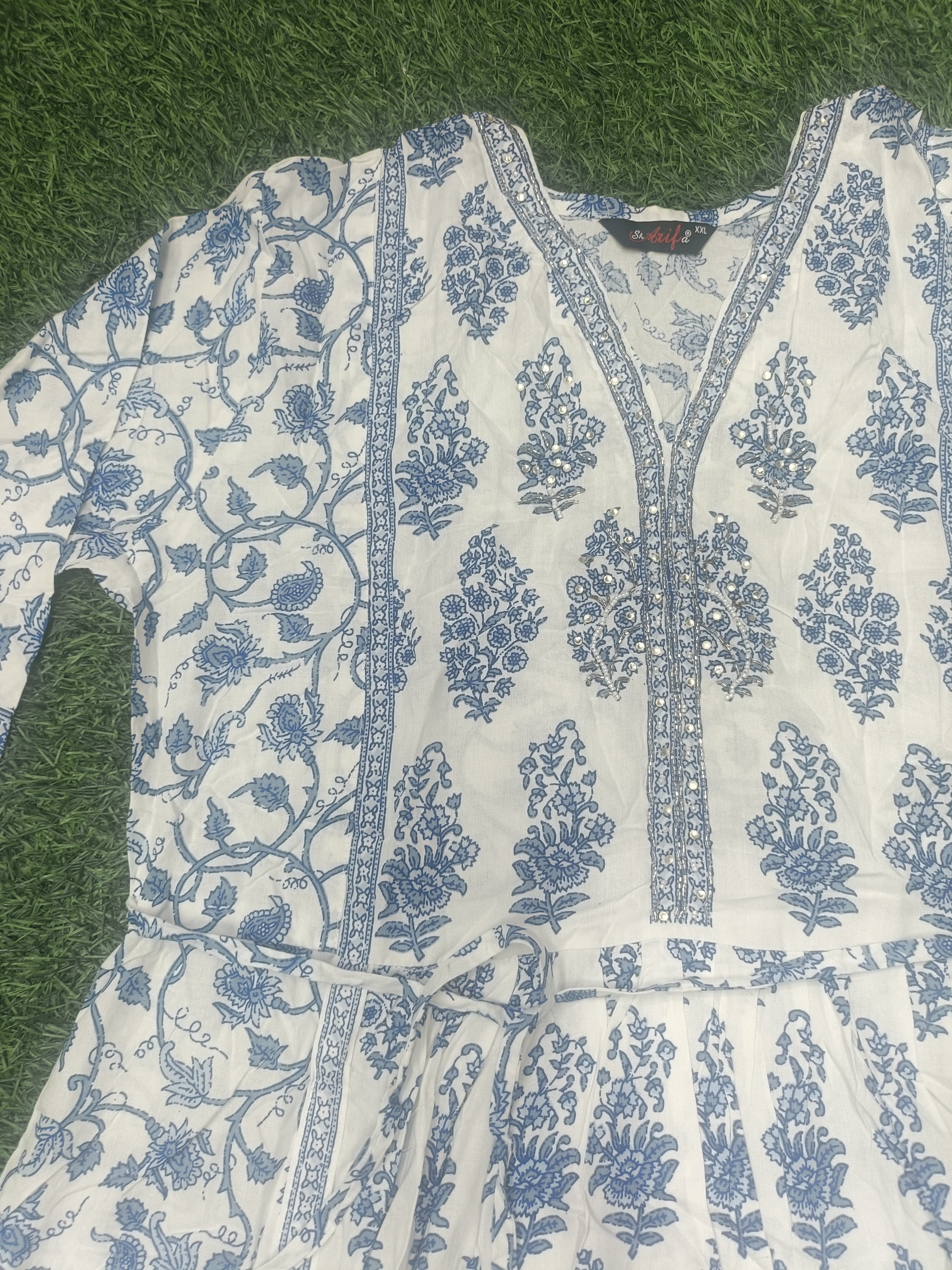 Elegant White and Blue Block-Print Style Flared cotton Single Piece Top