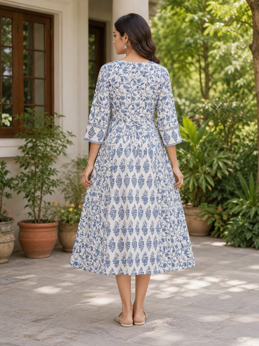 Elegant White and Blue Block-Print Style Flared cotton Single Piece Top