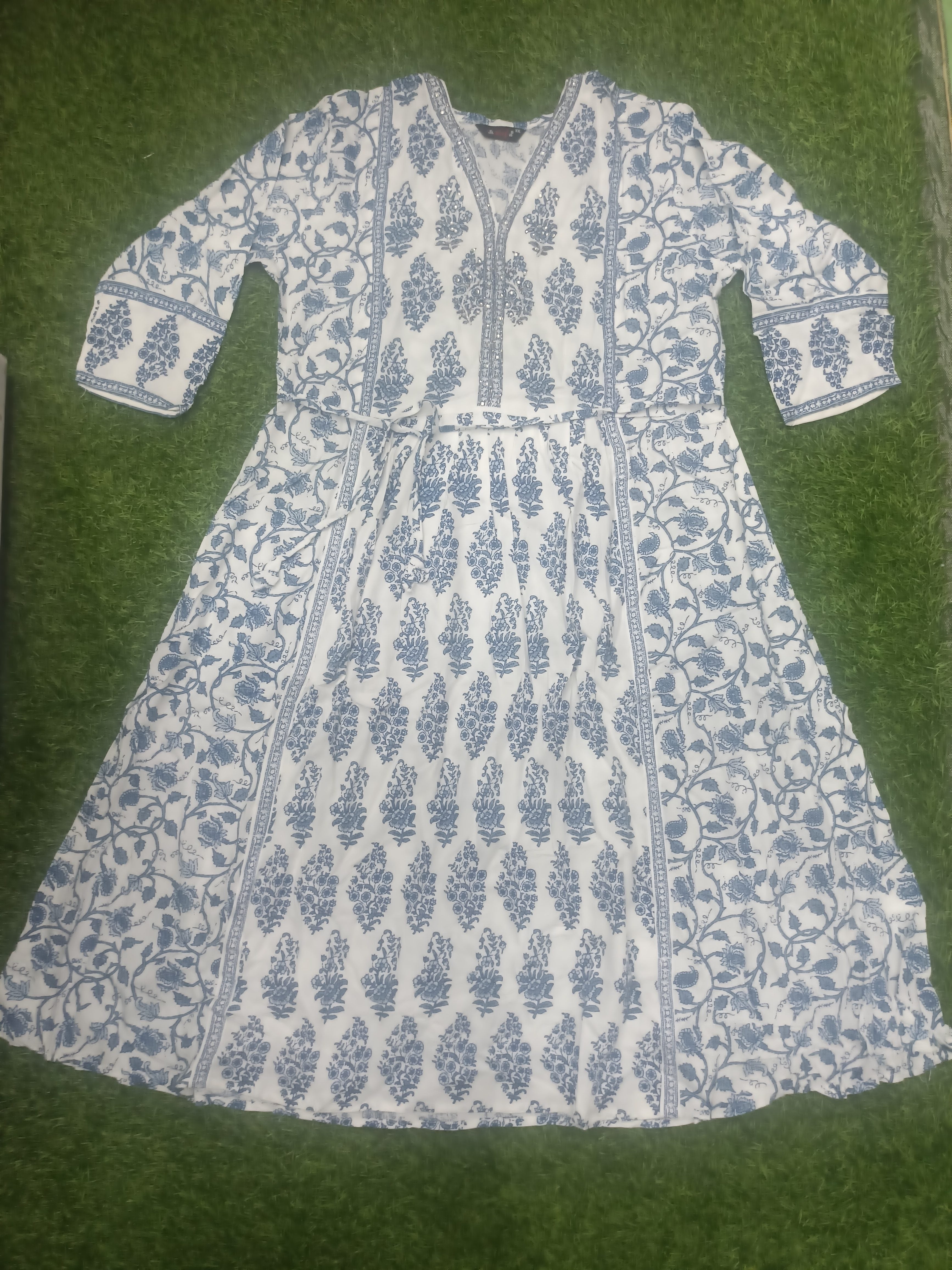 Elegant White and Blue Block-Print Style Flared cotton Single Piece Top