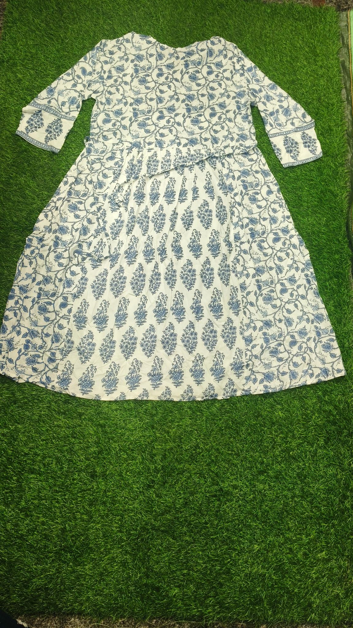 Elegant White and Green Block-Print Style Flared cotton Single Piece Top