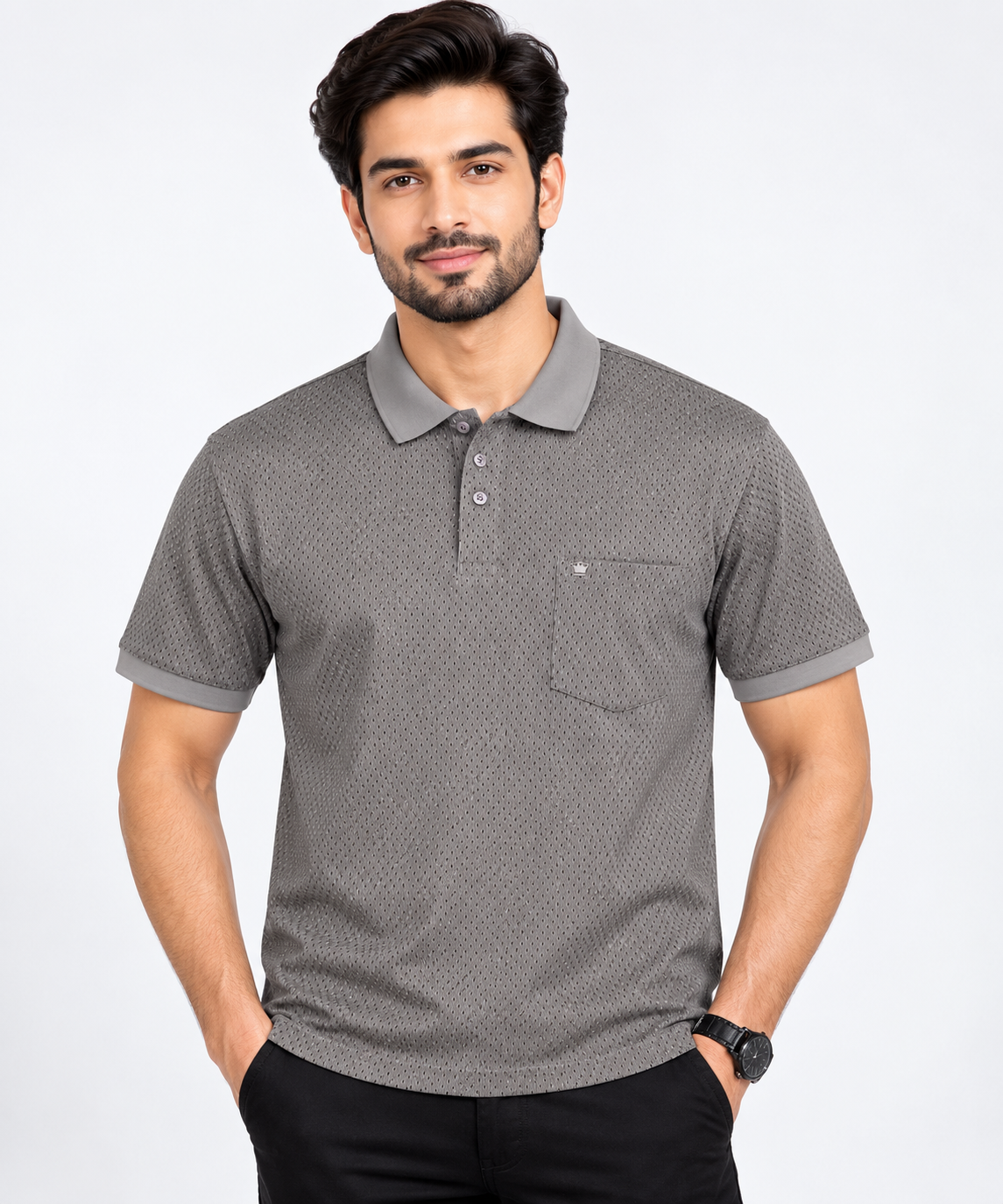 Men’s Grey Micro Print Collar Polo T-Shirt