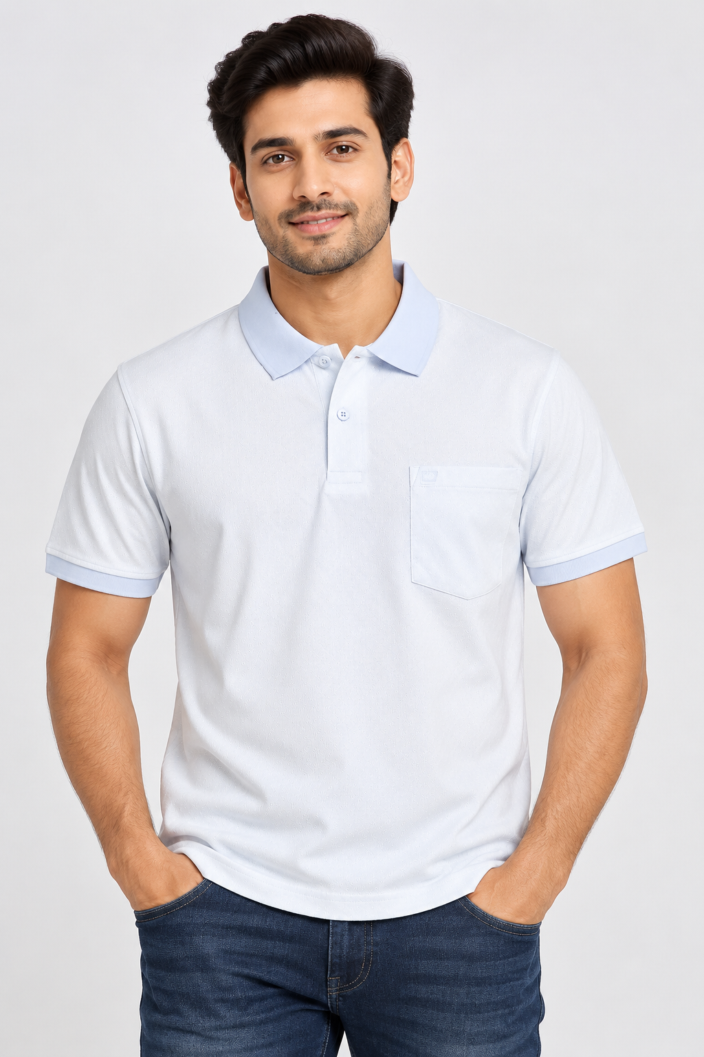 Men’s Light Sky Blue Textured Collar Polo T-Shirt with Chest Pocket