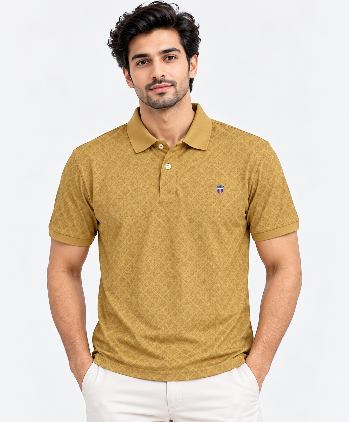Men’s Mustard Brown Geometric Print Collar Polo T-Shirt