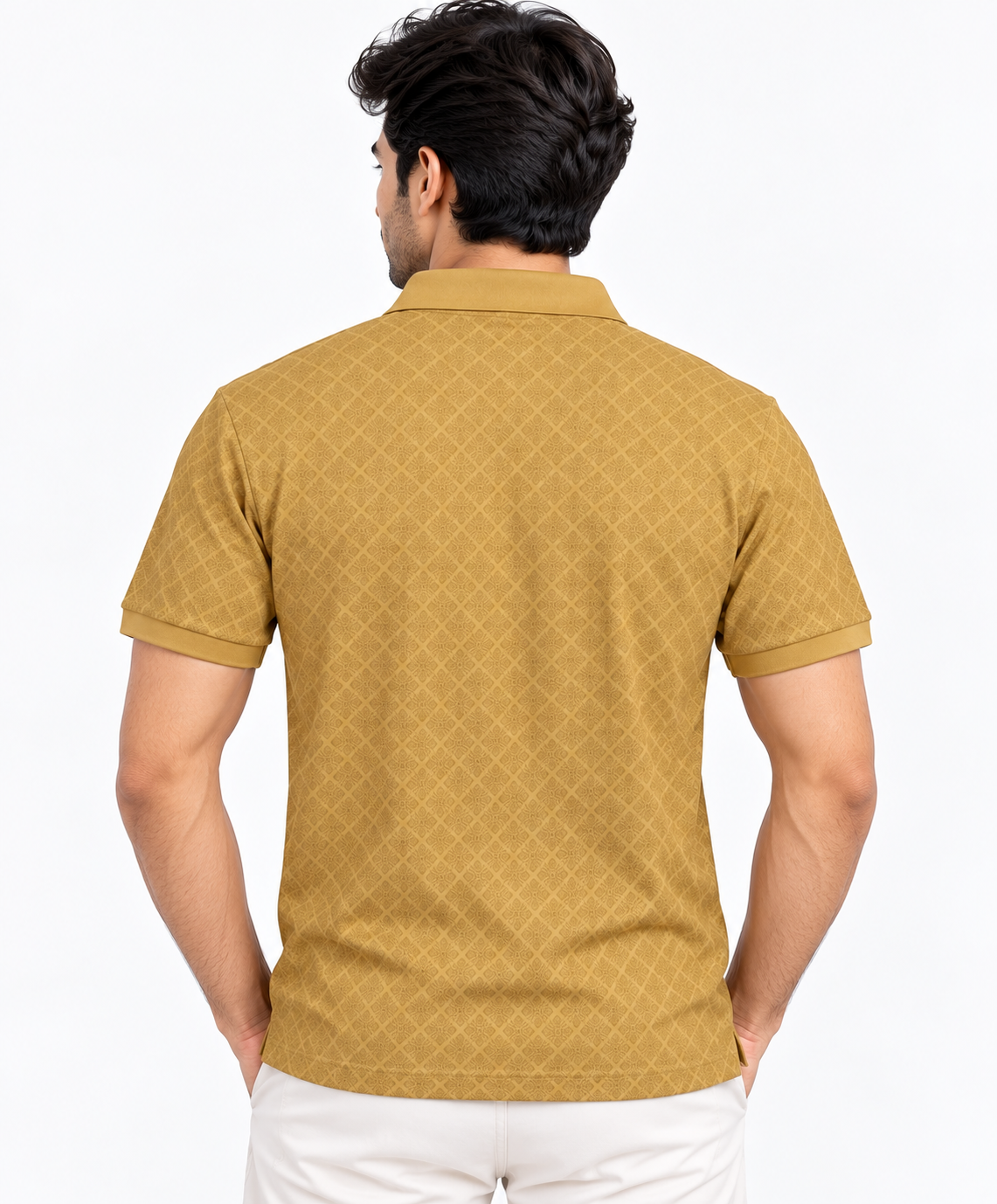 Men’s Mustard Brown Geometric Print Collar Polo T-Shirt