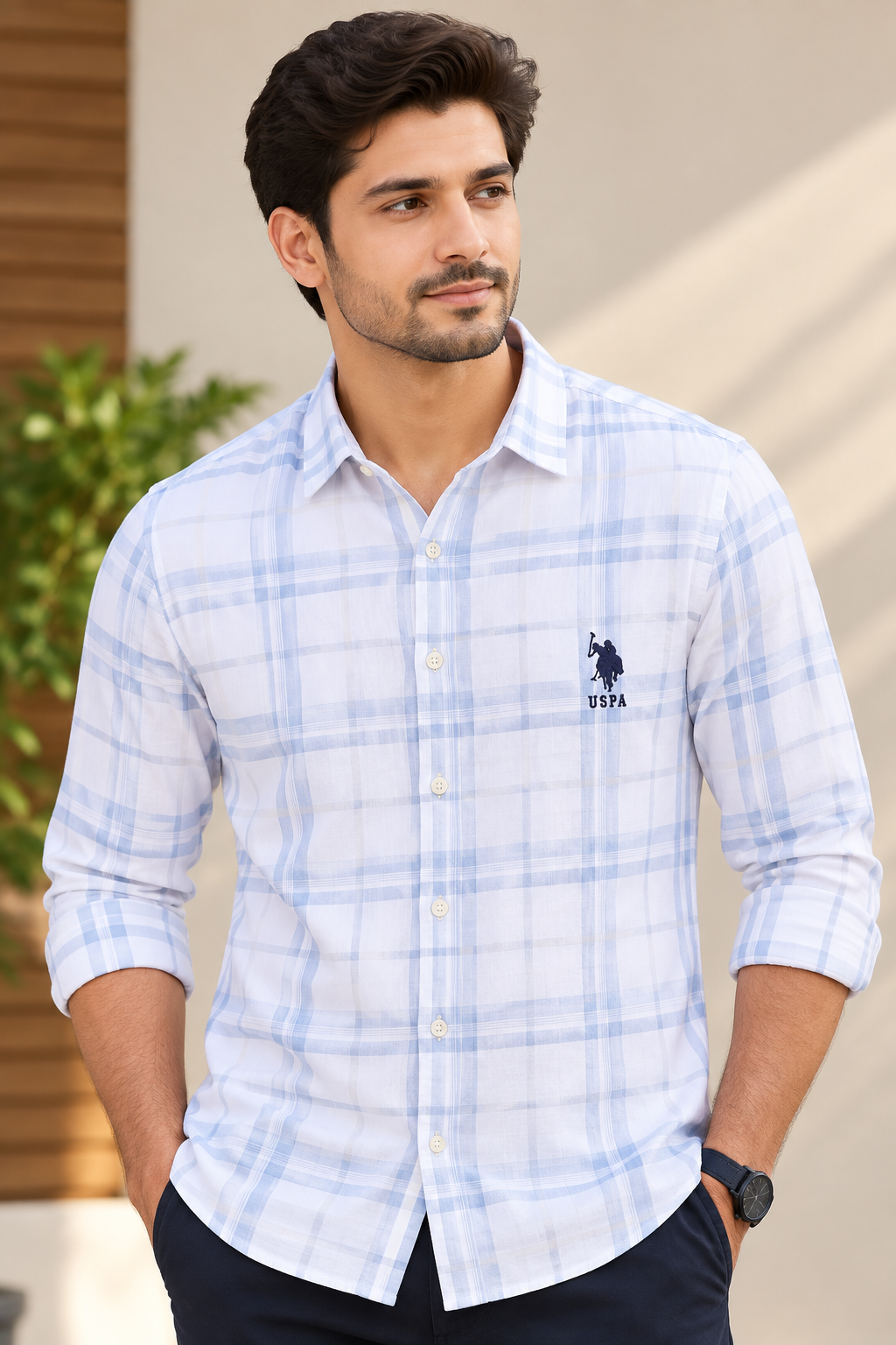 Men’s White & Light Blue Checked Full Sleeve Shirt