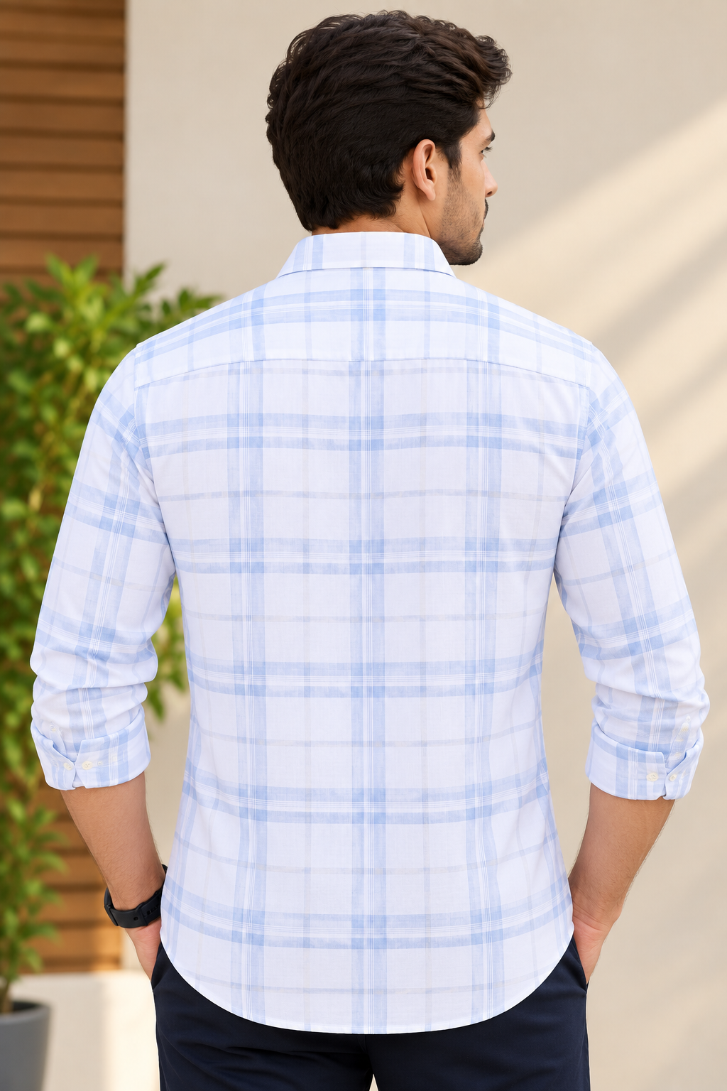 Men’s White & Light Blue Checked Full Sleeve Shirt