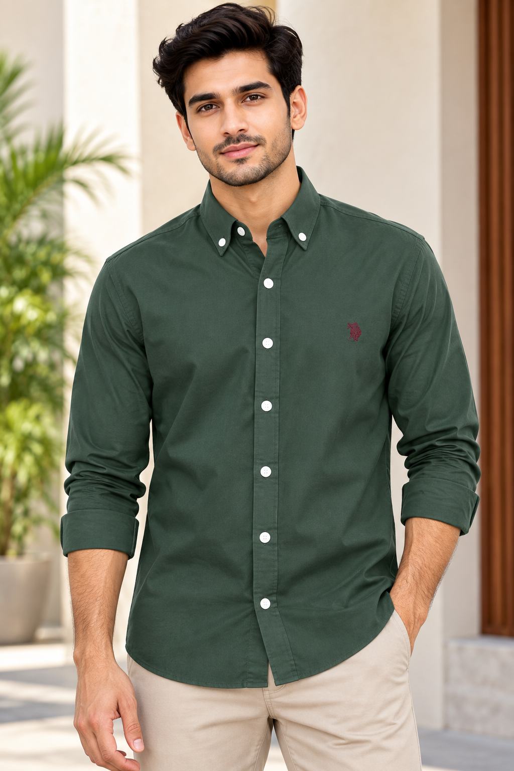 Men’s Dark Green Solid Button-Down Collar Full Sleeve Shirt