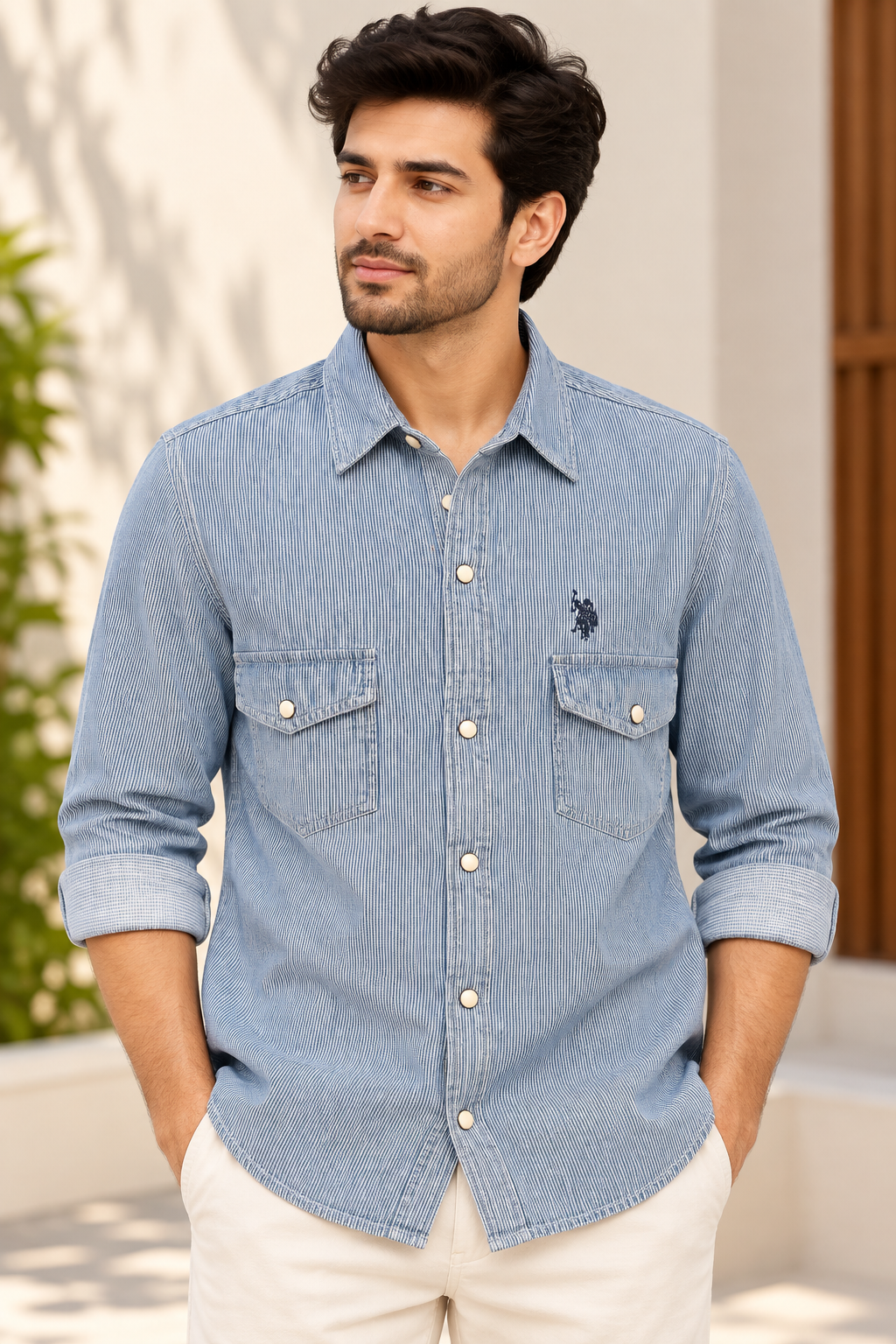Men’s Light Blue Striped Half Sleeve Double Pocket Shirt