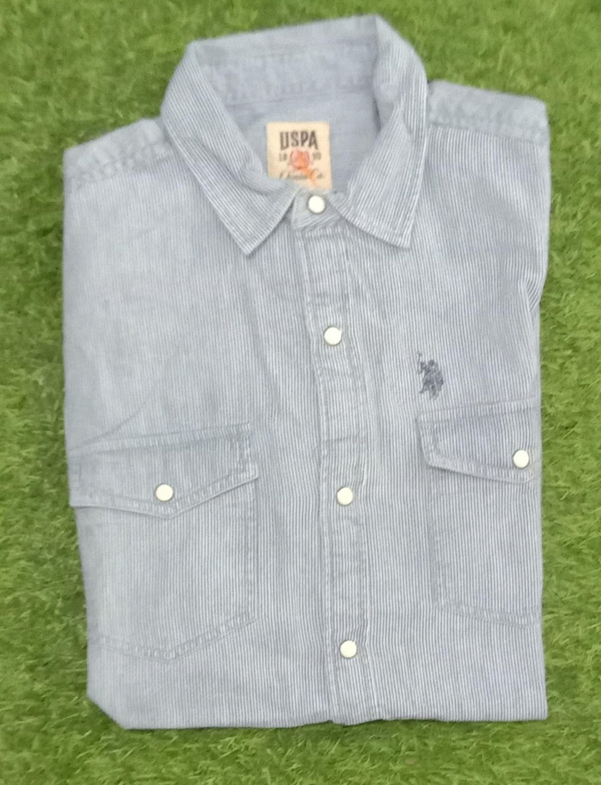 Men’s Light Blue Striped Half Sleeve Double Pocket Shirt