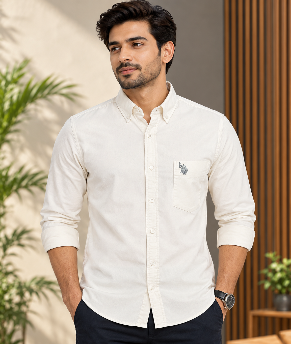 Men’s Light Yellow Solid Button-Down Collar Full Sleeve Shirt